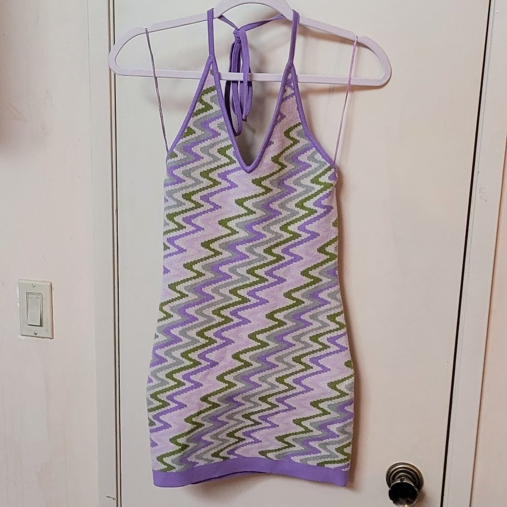 Thalassa Halter Mini Dress In Chevron Print - Purple/Green